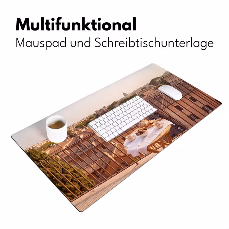 Schreibtischunterlage - Essen – Frühstück – Balkon – Stadt – Sonnenaufgang - Eten - Ontbijt - Balkon - Stad - Zonsopgang Muismat XXL klein