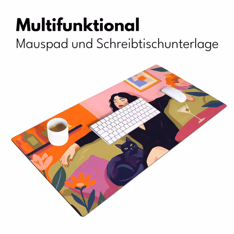 Schreibtischunterlage - Frau – Katze – Inneneinrichtung – Modern – Farbenfroh - Vrouw - Kat - Interieur - Modern - Kleurrijk Muismat XXL klein