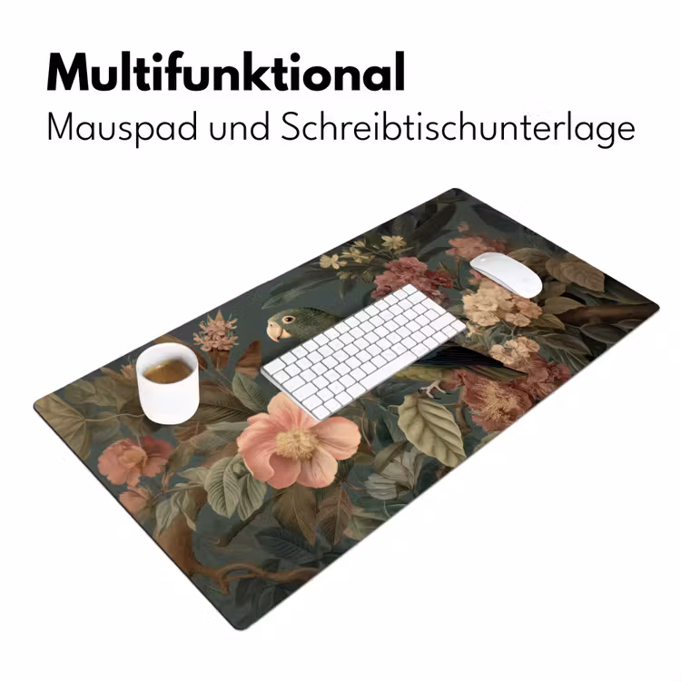 Groene papegaai - Kleurrijke bloemen - Donkere achtergrond Muismat XXL klein -ysfeer4_duits