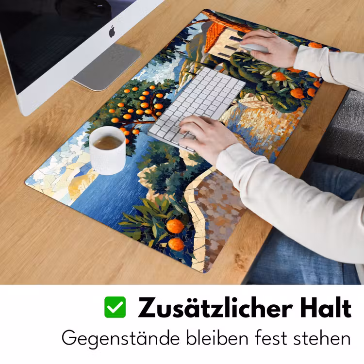 Huizen - Mozaïek - Sinaasappelbomen - Zee Muismat XXL klein -ysfeer3_duits