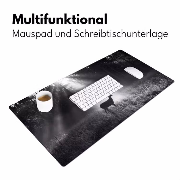 Hert - Bos - Zonnestralen - Zwart-wit - Natuur Muismat XXL klein -ysfeer4_duits