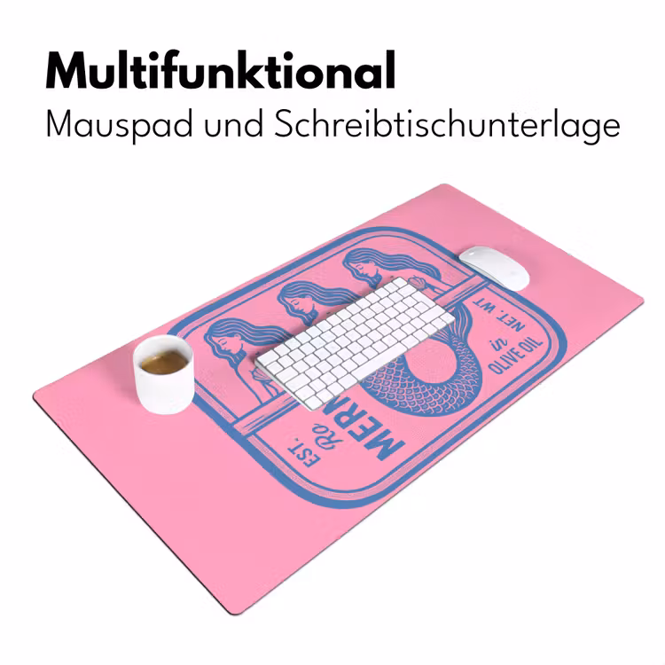 Schreibtischunterlage - Meerjungfrau – Sardinendose – Illustration – Rosa – Retro - Meermin - Sardineblik - Illustratie - Roze - Retro Muismat XXL klein