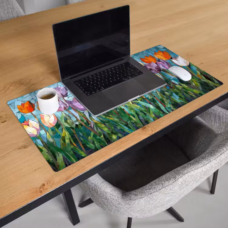 Mozaïek - Veld - Tulpen - Kleurrijk Muismat XXL klein -sfeer1