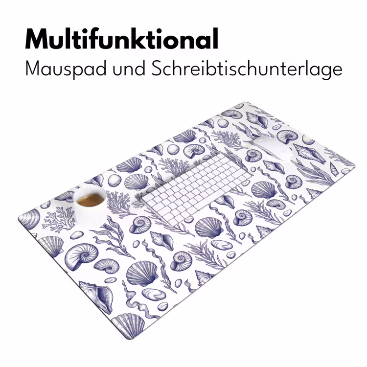 Schelpen - Zeewier - Oceaan - Illustratie - Blauw Muismat XXL klein -ysfeer4_duits
