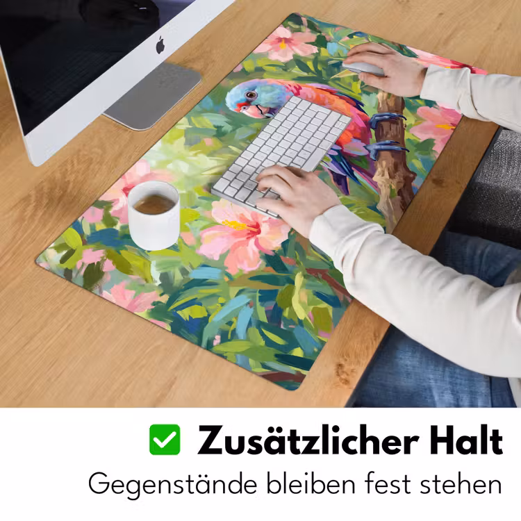 Papagaai - Hibiscusbloemen - Kleurrijk Muismat XXL klein -ysfeer3_duits