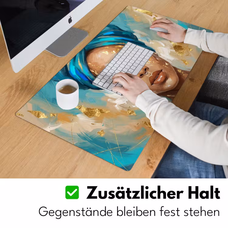 Portret - Vrouw - Schilderij - Blauw - Goud - Expressief Muismat XXL klein -ysfeer3_duits