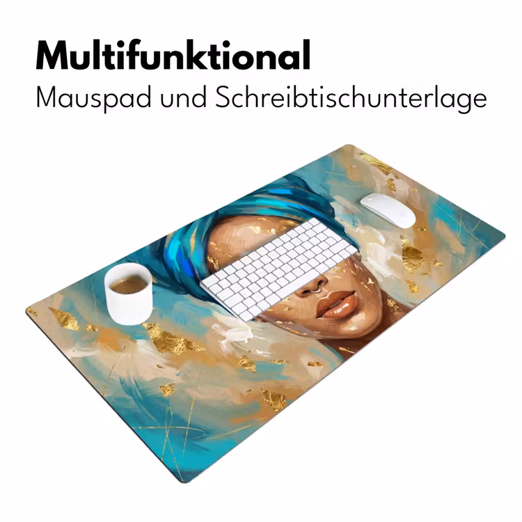 Portret - Vrouw - Schilderij - Blauw - Goud - Expressief Muismat XXL klein -ysfeer4_duits
