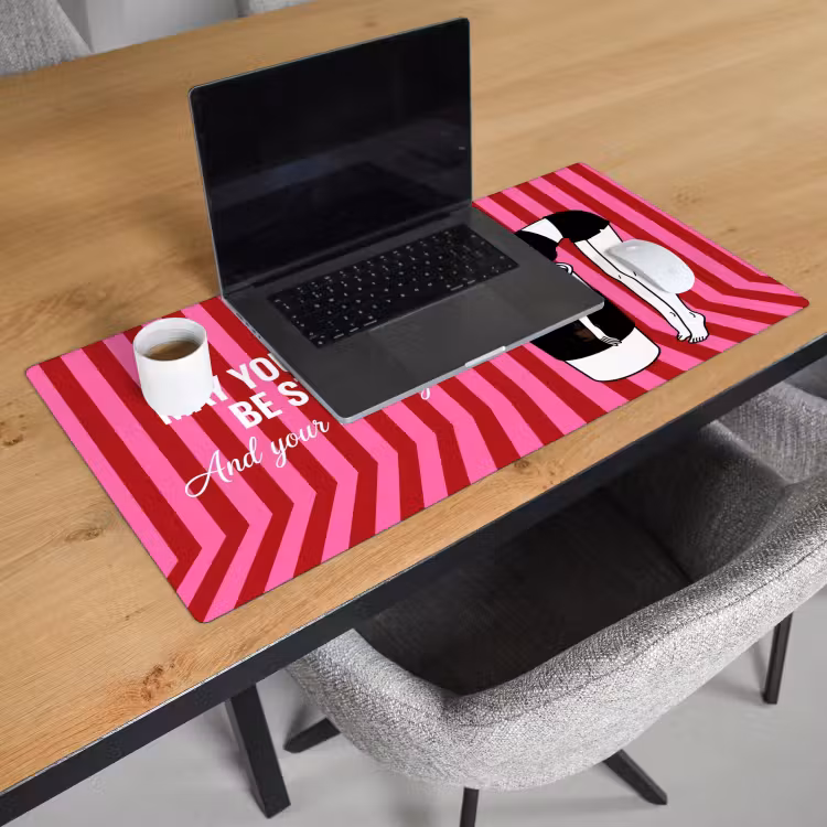 Roze - Strepen - Koffie - Maandag Muismat XXL klein -sfeer1