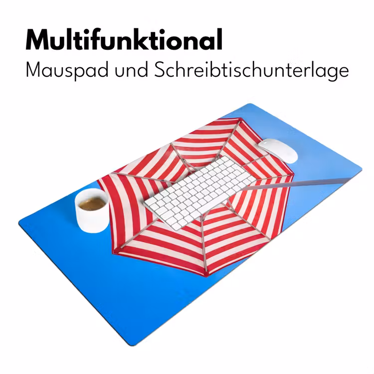 Schreibtischunterlage - Sonnenschirm – Streifen – Sommer – Rot – Blau - Parasol - Strepen - Zomer - Rood - Blauw Muismat XXL klein