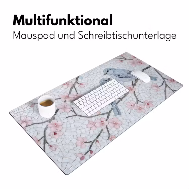Vogel - Bloemen - Natuur - Mozaïek - Roze Muismat XXL klein -ysfeer4_duits