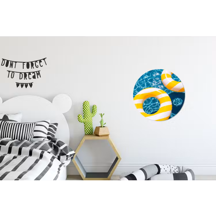Zwembad - Zwembanden - Zomer - Geel - Blauw Wandcirkel aluminium klein -kinderkamer