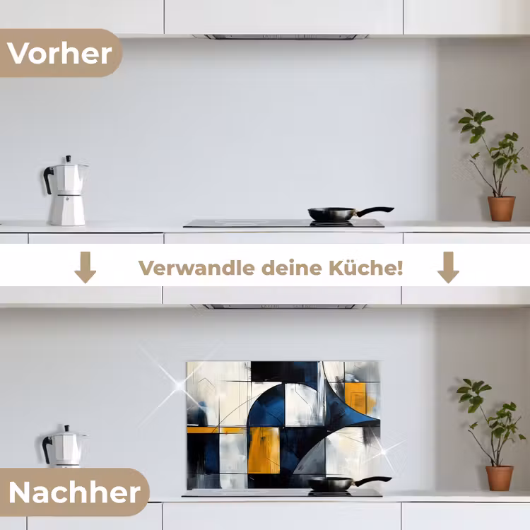Abstract - Vormen - Goud - Blauw - Geometrisch keuken achterwand spatscherm klein -voor_na_DE