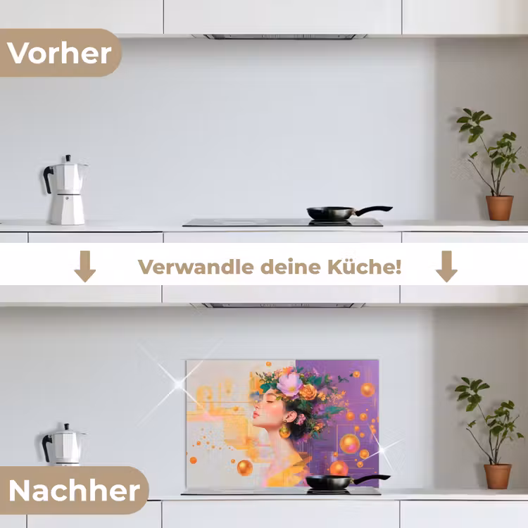 Abstract - Vrouw - Bloemenkroon - Goud keuken achterwand spatscherm klein -voor_na_DE