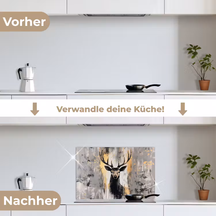 Abstract - Hert - Gewei - Goud keuken achterwand spatscherm klein -voor_na_DE