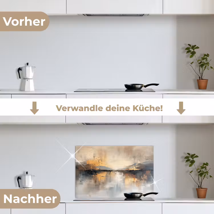 Abstract - Modern - Beige - Aesthetic - Goud keuken achterwand spatscherm klein -voor_na_DE
