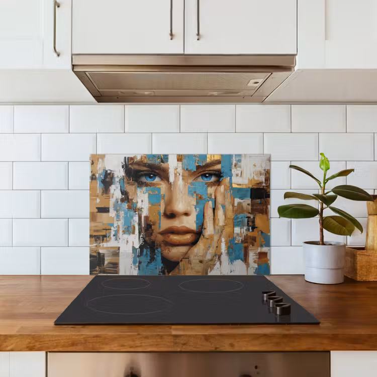Abstract - Penseelstreken - Blauw - Gezicht keuken achterwand spatscherm klein -sfeer2