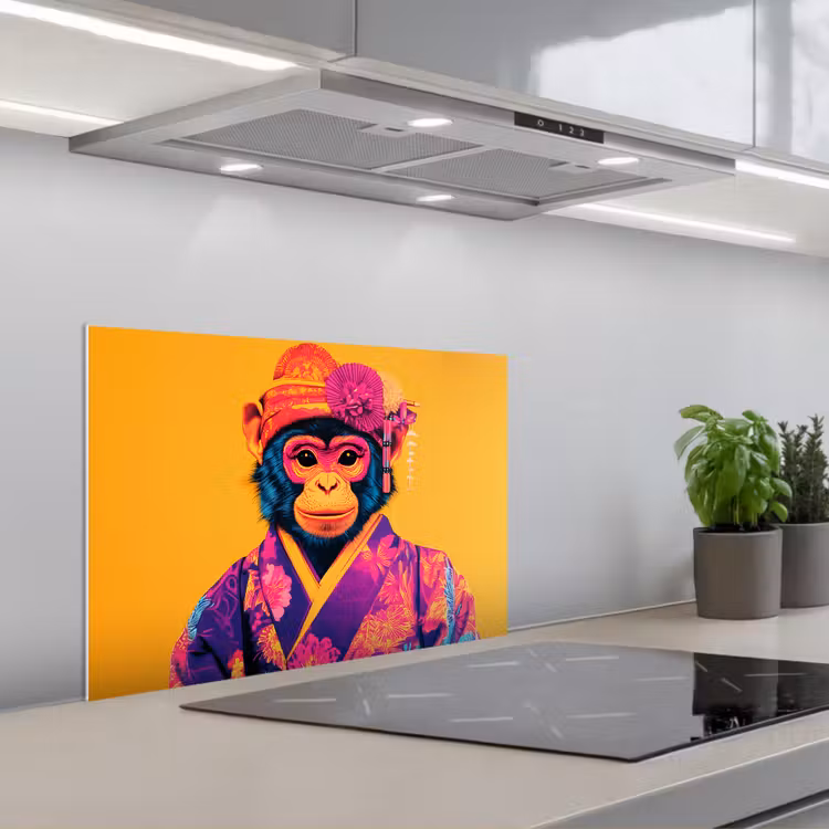 Aap - Kimono - Bloemen - Hoofdtooi keuken achterwand spatscherm klein -3d_schuin