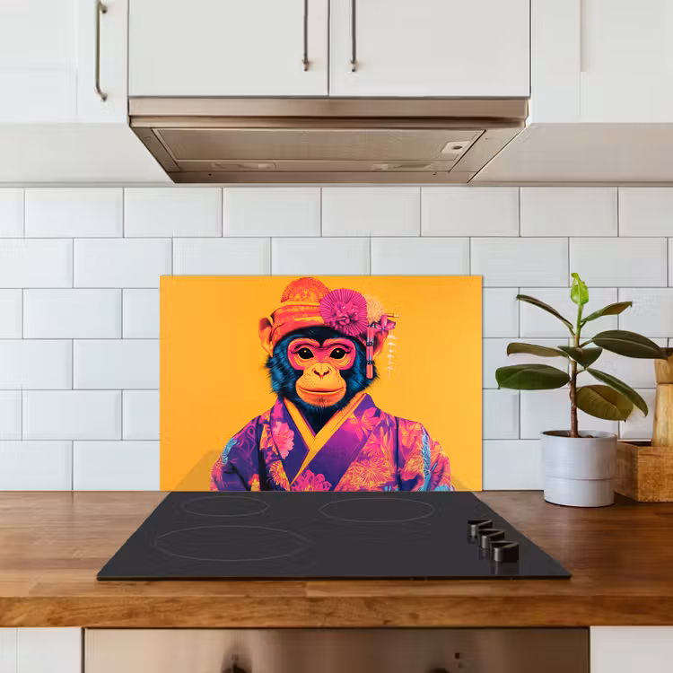 Aap - Kimono - Bloemen - Hoofdtooi keuken achterwand spatscherm klein -sfeer2