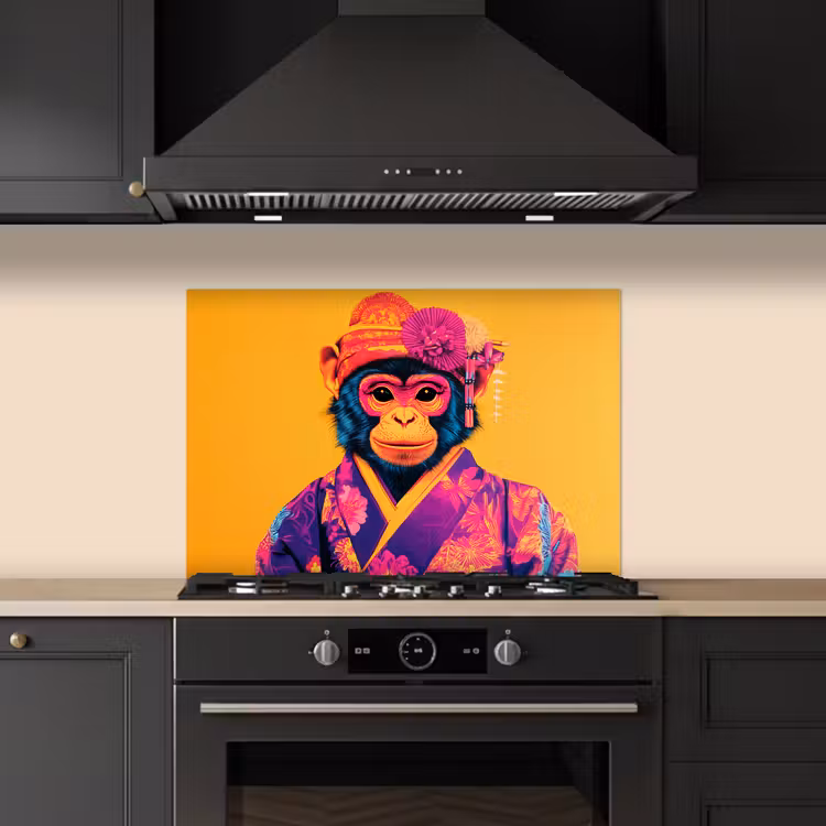 Aap - Kimono - Bloemen - Hoofdtooi keuken achterwand spatscherm klein -sfeer1