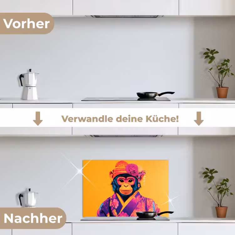 Aap - Kimono - Bloemen - Hoofdtooi keuken achterwand spatscherm klein -voor_na_DE