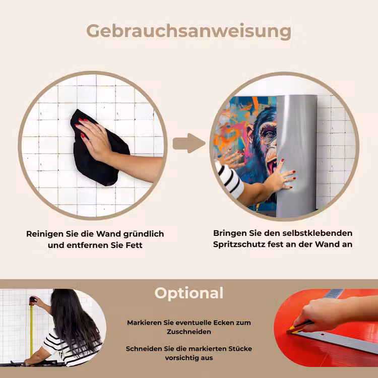 Aap - Tong - Abstract - Zwart keuken achterwand spatscherm klein -gebruiksaanwijzing_DE