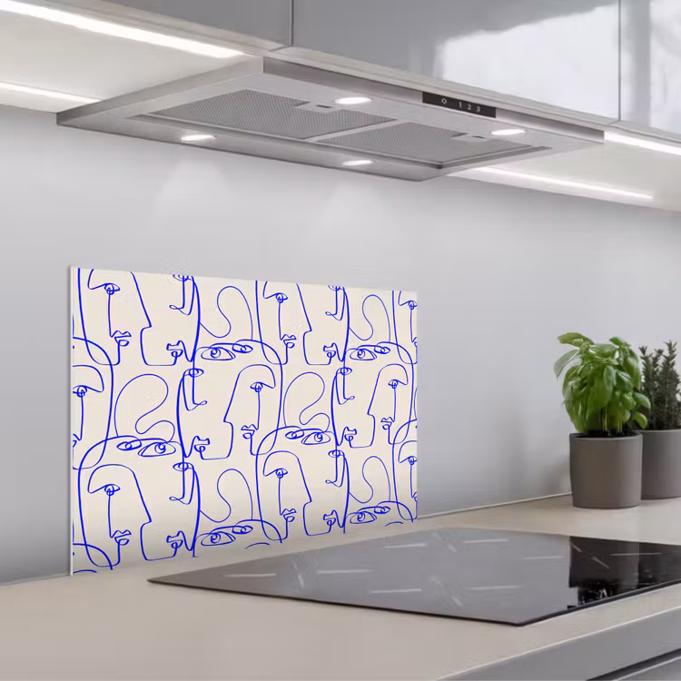 Gezicht - Blauw - Lijnen - Beige keuken achterwand spatscherm klein 900 -3d_schuin