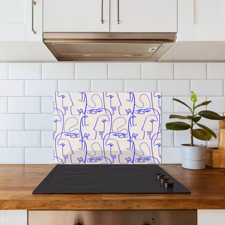 Gezicht - Blauw - Lijnen - Beige keuken achterwand spatscherm klein 900 -sfeer2
