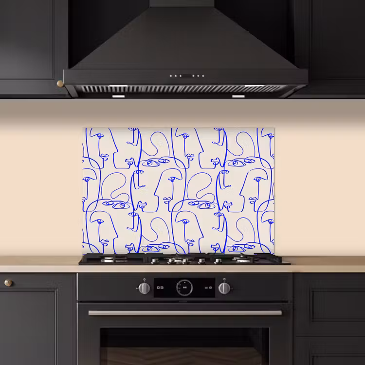 Gezicht - Blauw - Lijnen - Beige keuken achterwand spatscherm klein 900 -sfeer1