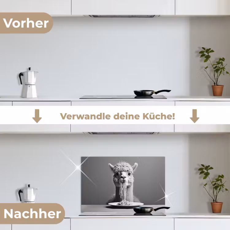 Alpaca - Pasta - Zwart - Wit - Grappig - Dieren keuken achterwand spatscherm klein -voor_na_DE