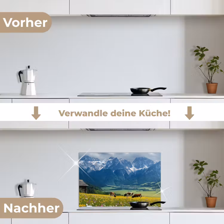Alpen - Weide - Bergen - Koeien keuken achterwand spatscherm klein -voor_na_DE