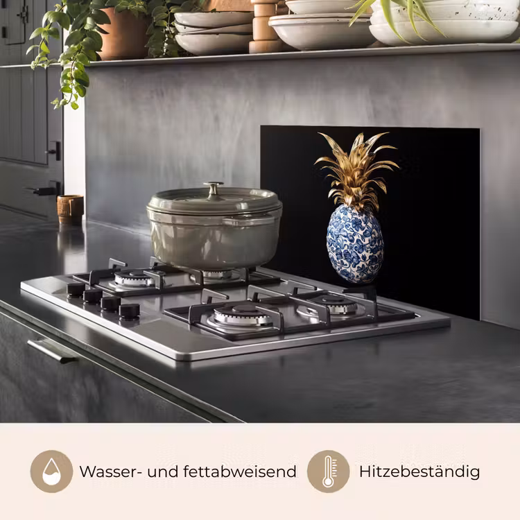 Ananas - Bloemen patroon - Goud - Delftsblauw keuken achterwand spatscherm klein -usp_DE