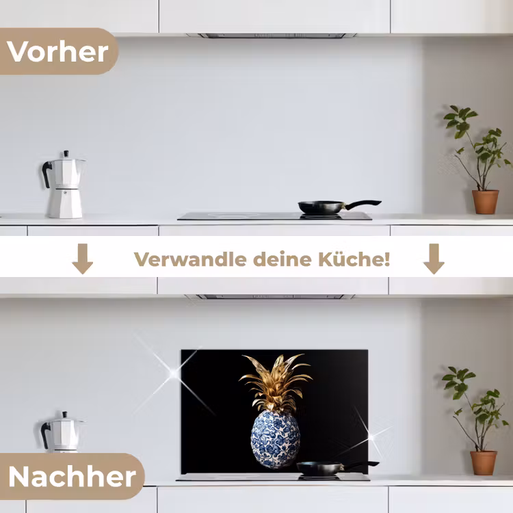 Ananas - Bloemen patroon - Goud - Delftsblauw keuken achterwand spatscherm klein -voor_na_DE