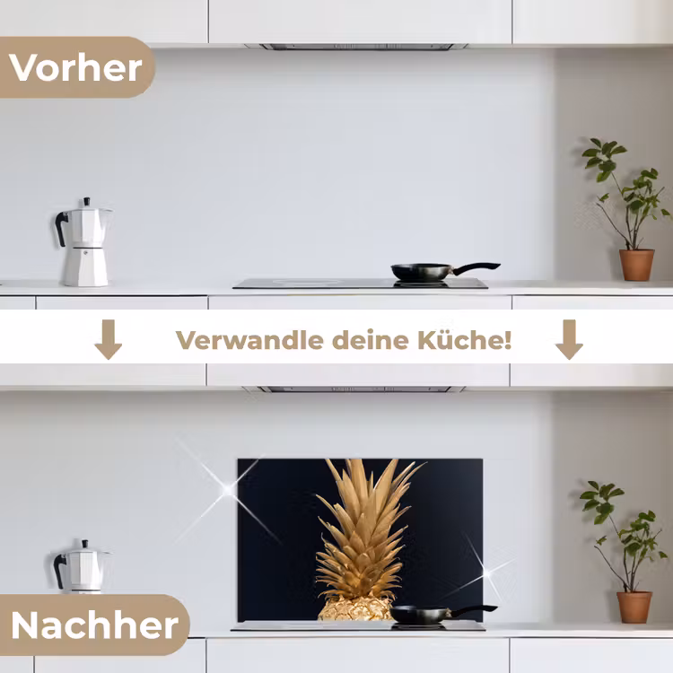 Ananas - Goud - Verf - Zwart - Fruit - Luxe keuken achterwand spatscherm klein -voor_na_DE