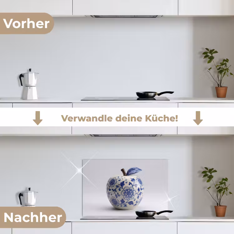 Appel - Blauw - Klassiek keuken achterwand spatscherm klein -voor_na_DE
