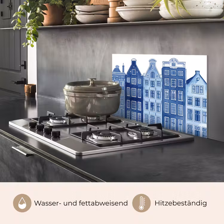 Aquarel - Grachtenpanden - Delfts - Blauw keuken achterwand spatscherm klein -usp_DE