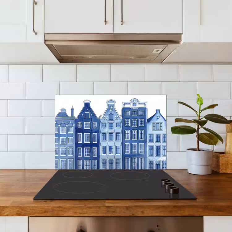Aquarel - Grachtenpanden - Delfts - Blauw keuken achterwand spatscherm klein -sfeer2