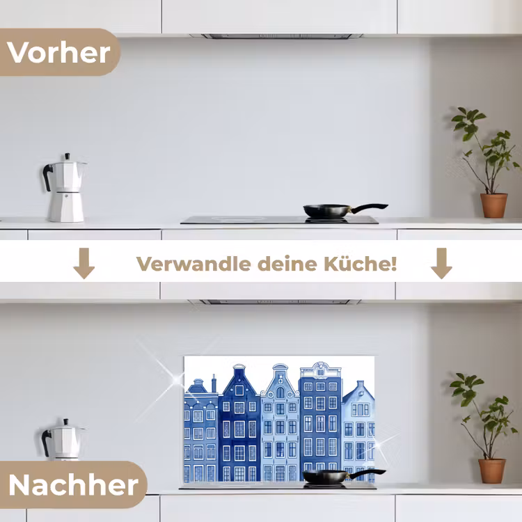 Aquarel - Grachtenpanden - Delfts - Blauw keuken achterwand spatscherm klein -voor_na_DE