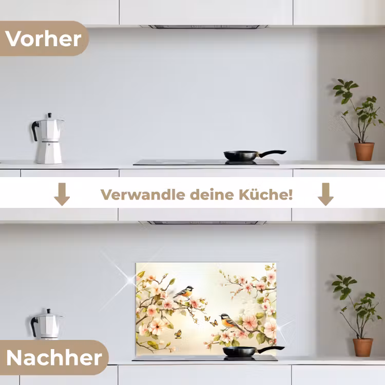 Takken - Bloemen - Vogeltjes - Roze keuken achterwand spatscherm klein -voor_na_DE