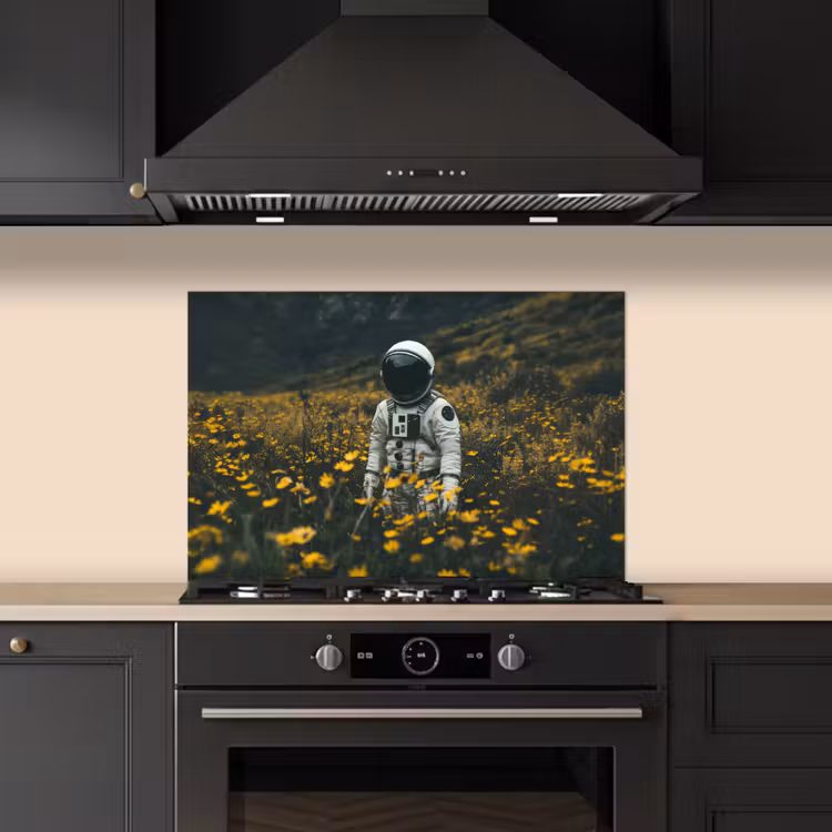 Astronaut - Bloemen - Veld - Geel keuken achterwand spatscherm klein -sfeer1