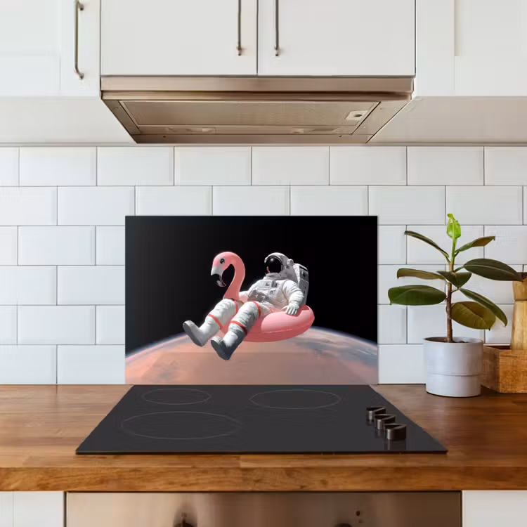 Astronaut - Flamingo - Zwemband - Roze keuken achterwand spatscherm klein -sfeer2