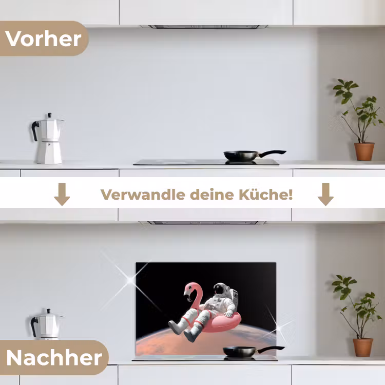 Astronaut - Flamingo - Zwemband - Roze keuken achterwand spatscherm klein -voor_na_DE