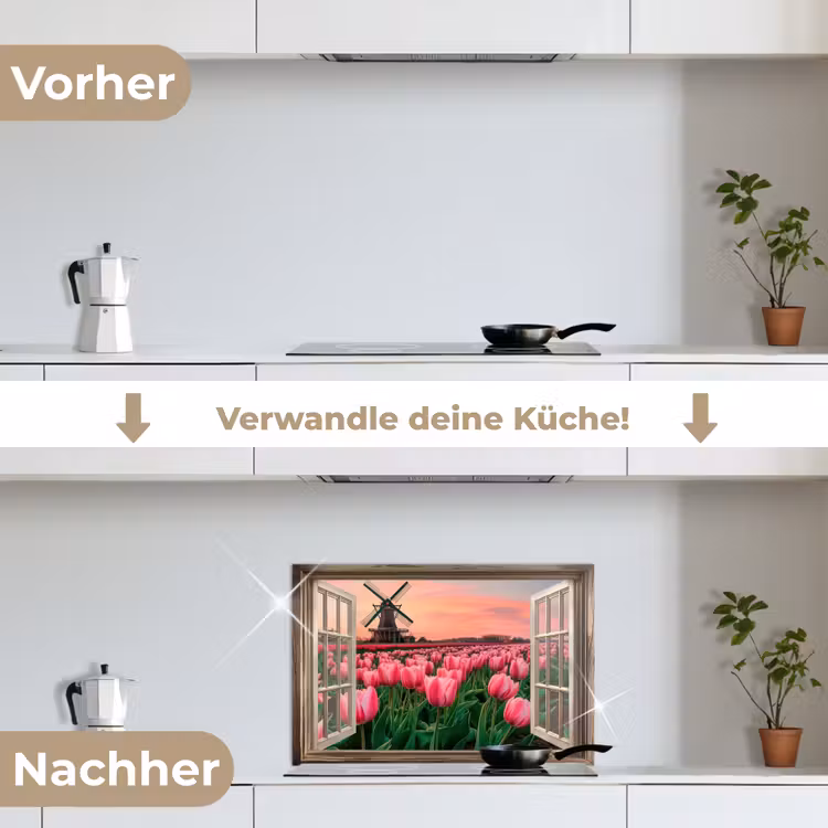 Doorkijk - Tulpen - Bloemen - Molen - Raam keuken achterwand spatscherm klein -voor_na_DE