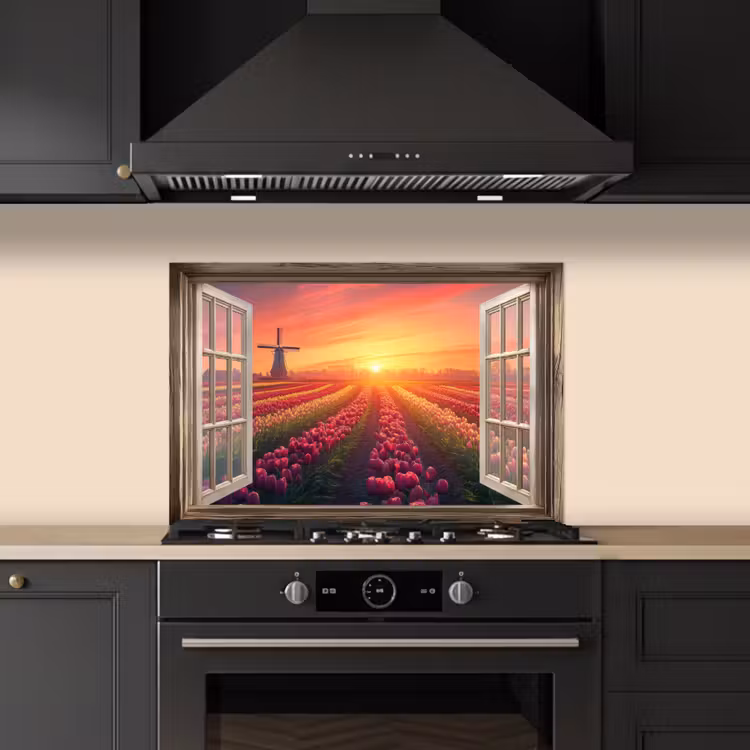 Doorkijk - Tulpen - Zonsondergang - Bloemen - Kleurrijk keuken achterwand spatscherm klein -sfeer1