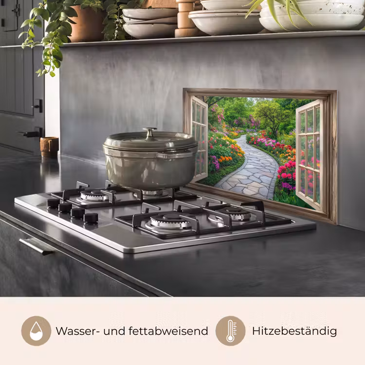 Doorkijk - Bloemen - Tuinpad - Natuur - Raam keuken achterwand spatscherm klein -usp_DE