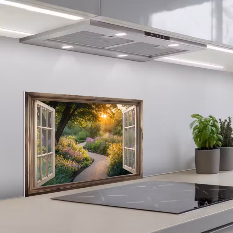 Doorkijk - Bloemen - Natuur - Zon - Pad keuken achterwand spatscherm klein -3d_schuin