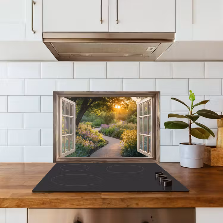 Doorkijk - Bloemen - Natuur - Zon - Pad keuken achterwand spatscherm klein -sfeer2