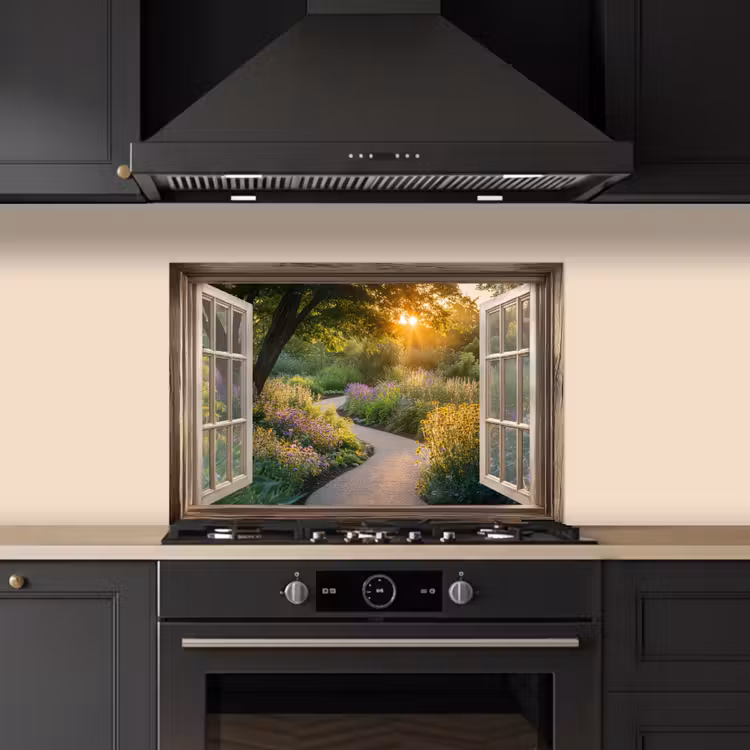 Doorkijk - Bloemen - Natuur - Zon - Pad keuken achterwand spatscherm klein -sfeer1