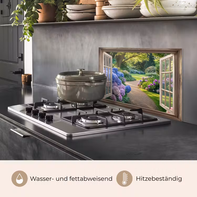 Doorkijk - Tuin - Raam - Hortensia - Bloemen keuken achterwand spatscherm klein -usp_DE