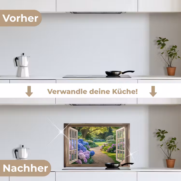 Doorkijk - Tuin - Raam - Hortensia - Bloemen keuken achterwand spatscherm klein -voor_na_DE