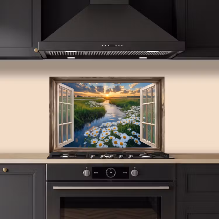 Doorkijk - Landschap - Raam - Water - Zonsondergang keuken achterwand spatscherm klein -sfeer1